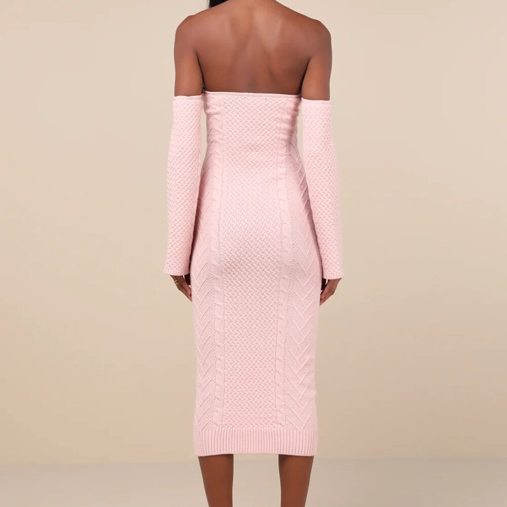 Lulus Cuddly Element Light Pink Cable Knit Off-the-Shoulder Midi Dress - Picture 2 of 3